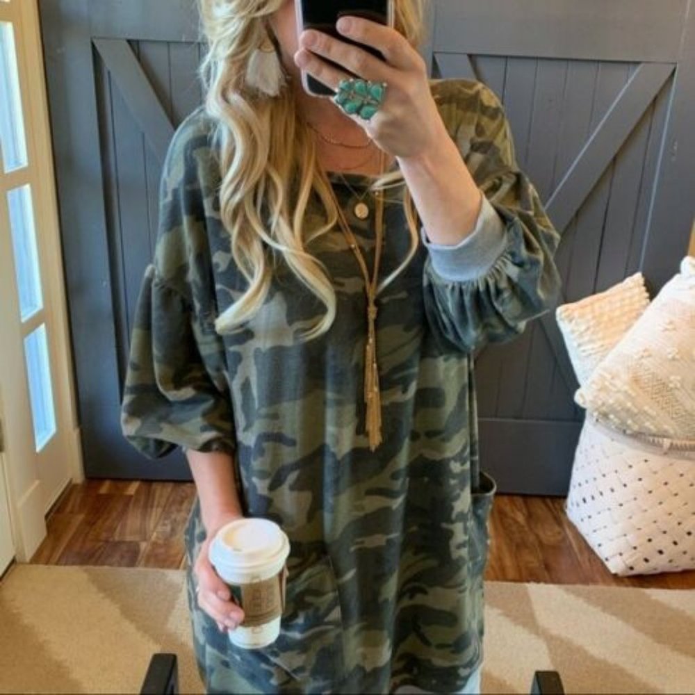 Plus Size | Cozy Camouflage Print Tunic Dress Camo - Picture 2 of 4